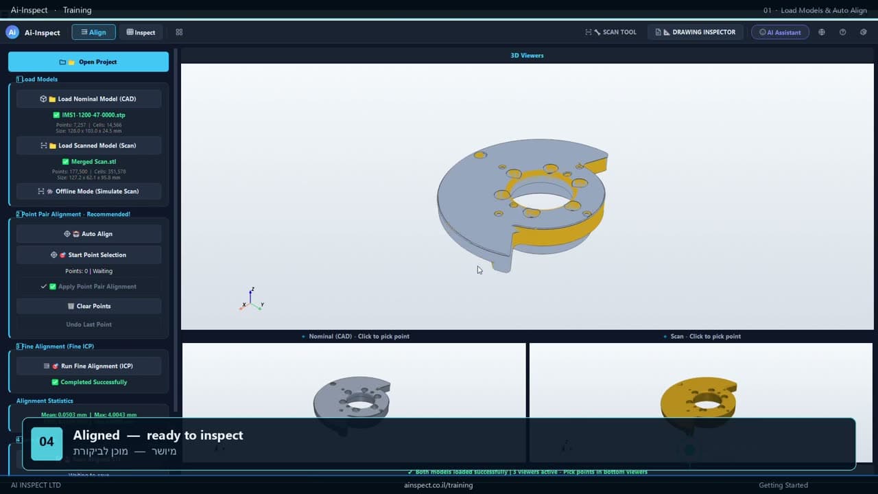 Nominal CAD and scan loaded, auto-alignment done in one click