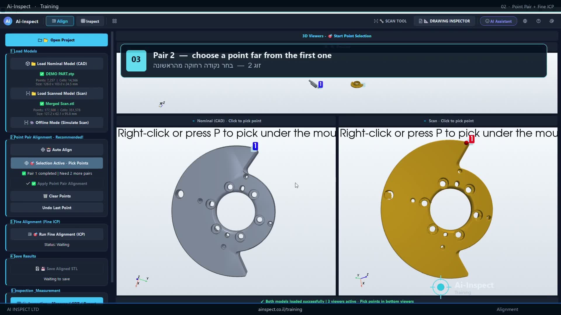 Pick matching points on CAD and scan for a controlled coarse fit